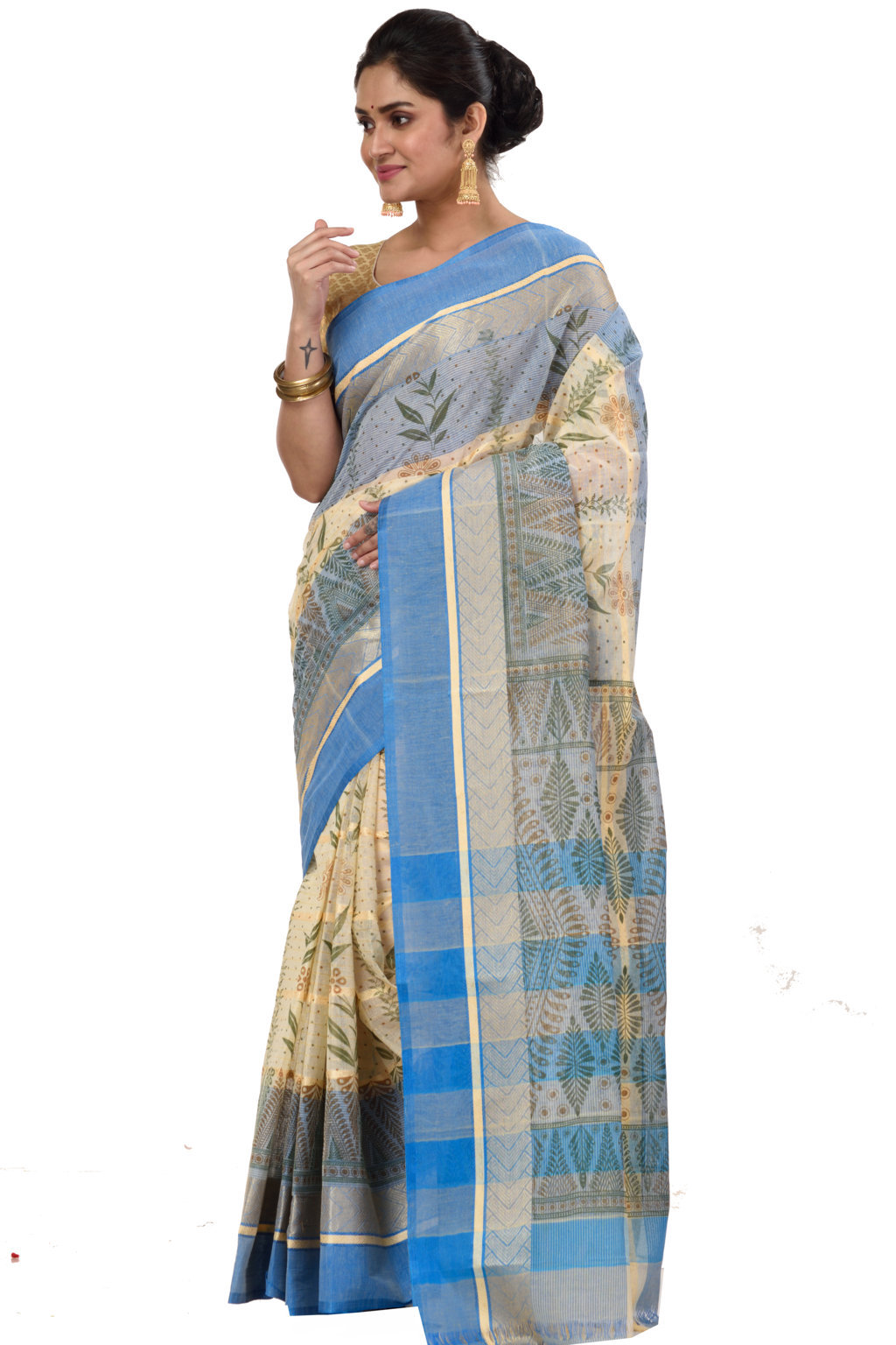 Blue Pure Cotton Lata Pata Tant Saree Print (437)